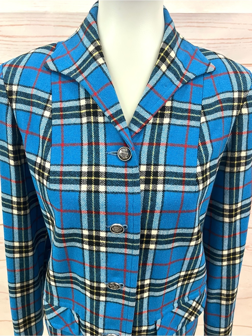 Pendleton Vintage 70s Virgin Wool Long Sleeve Blue Plaid Blazer Jacket - Picture 2 of 7